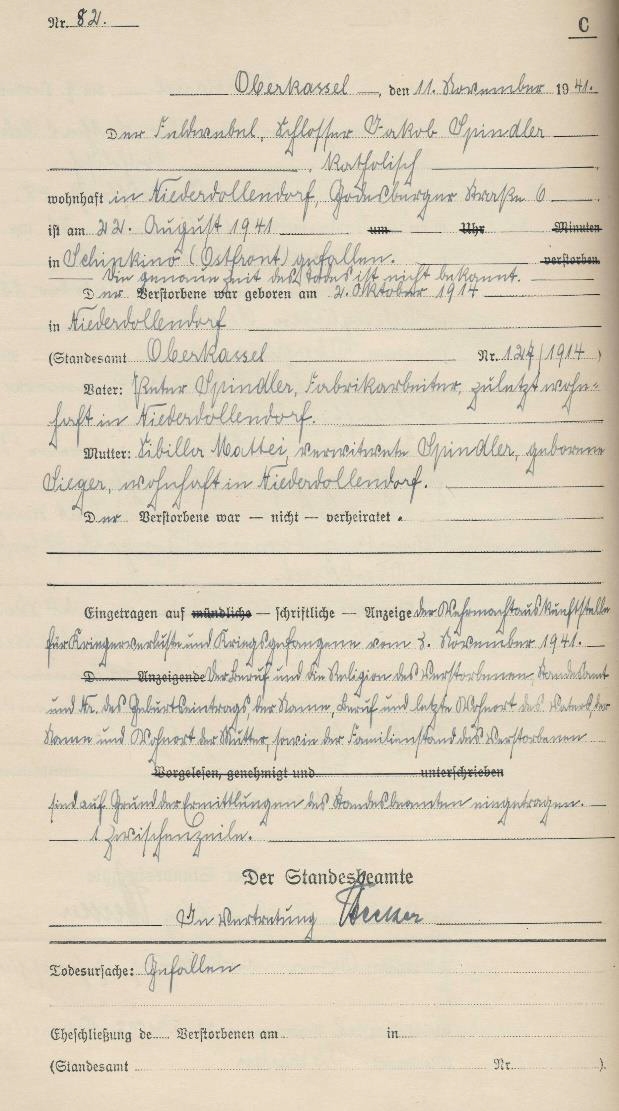 Sterbeurkunde des Jakob Spindler